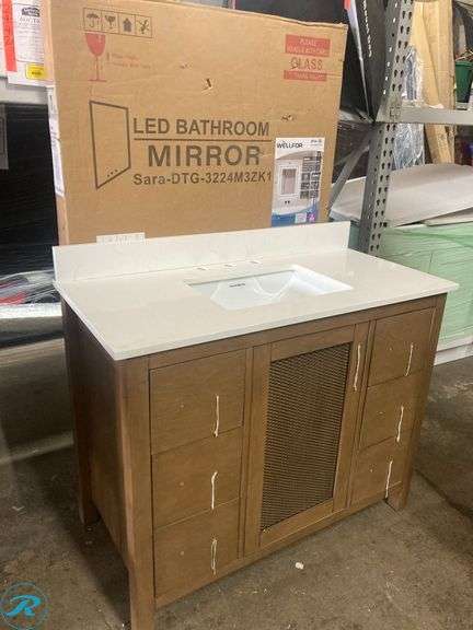 (3) New- out of box- (1) Altair Hadiya 42-in Brown Pine Undermount Single Sink Bathroom Vanity with Aosta White Engineered Marble Top (1) Bestview 43-in x 22-in Carrara White Quartz Undermount Single Sink Widespread Faucet Mount Bathroom Vanity Top (1) WELLFOR EX 24-in x 32-in Polished Frameless Rectangle Dimmable Lighted Fog Free Bathroom Vanity Mirror ( Silver ) (3 items total) See photos - Roller Auctions