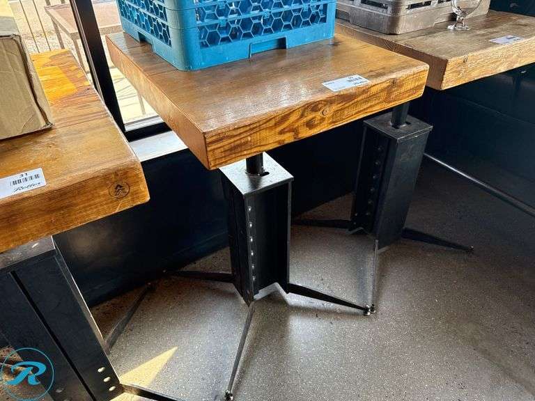 Custom Built Wood Bar Height Table with Metal Base, 30″ x 24″ x 3.5″ Thick - Roller Auctions