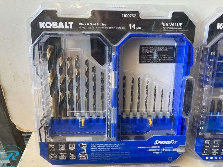 (5) New- (2) Kobalt XTR Impact Screw Driver Bit Set 40 pc (1) Kobalt 14-pc X black and White gold coated HSS Jabber length Twist Drill bit Set (1) Kobalt Impact Driver bit set 50pcs (1) Kobalt 20pcs standard and metric mechanics tool set with hard care (total of 5 items) - Roller Auctions