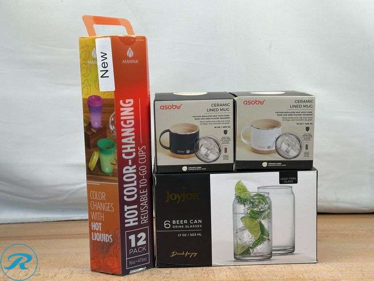 Manna: Hot Color Changing To-Go Cups, 12pc -New; JoyJolt: Beer Can Drinking Glasses, 6pc- New; (2) Asobu: Ceramic Lined Cork Coaster Mug- New