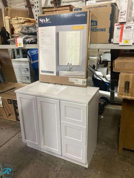 (2) New open box- (1) Style Selections Davies 36-in White Single Sink Bathroom Vanity with White Cultured Marble Top (1) Style Selections Acadia 24-in x 31-in Framed Rectangle Bathroom Vanity Mirror ( White ) (total of 2 items) - Roller Auctions