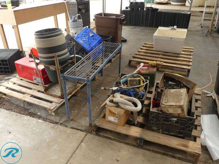 (3) Pallets of Tools, Hardware, Plastic Containers, and Metal Racks - Roller Auctions