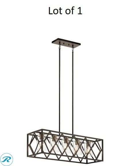 (2) New- (1) Kichler Solander 5 -Light Olde Bronze Modern/contemporary Clear glass Linear Large Hanging Kitchen island light (1) Boston Loft Furnishings 9 Candle Elear Metal Candelabra Candle Holder (total of 2 items) - Roller Auctions