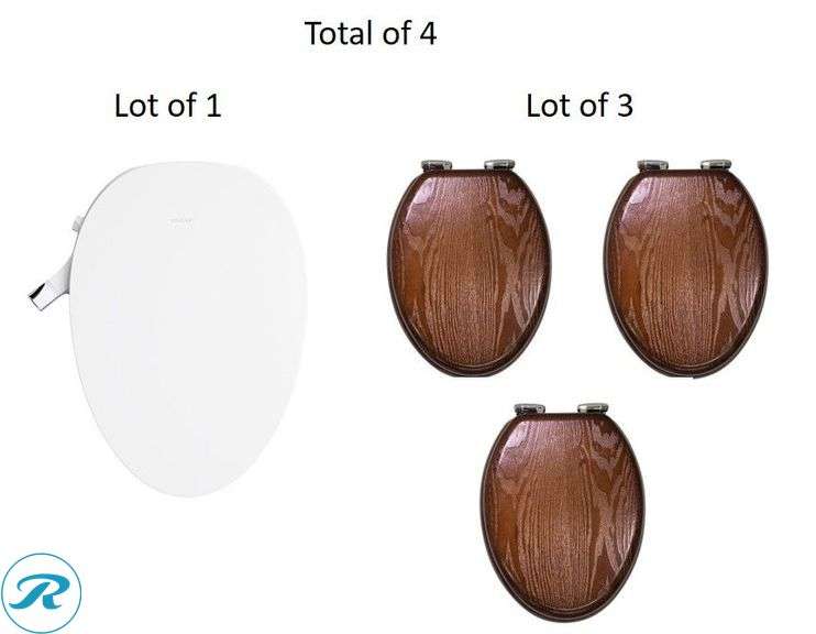 (4) New- (1) KOHLER PureWash M300 Plastic White Elongated Slow Close Feature Bidet Function Toilet Seat (3) Design House Dalton Wood Java Elongated Soft Close Toilet Seat (TOTAL OF 4)