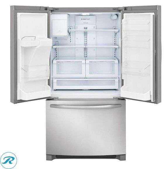(1) Frigidaire Counter-Depth 21.7-cu ft 3 -Door French Door Refrigerator with Ice Maker with water and Ice dispenser ( EasyCare Stainless Steel ) ENERGY STAR Certified (some minor scratches and minor dents and cracks  on the plastic holders Please see photos) - Roller Auctions