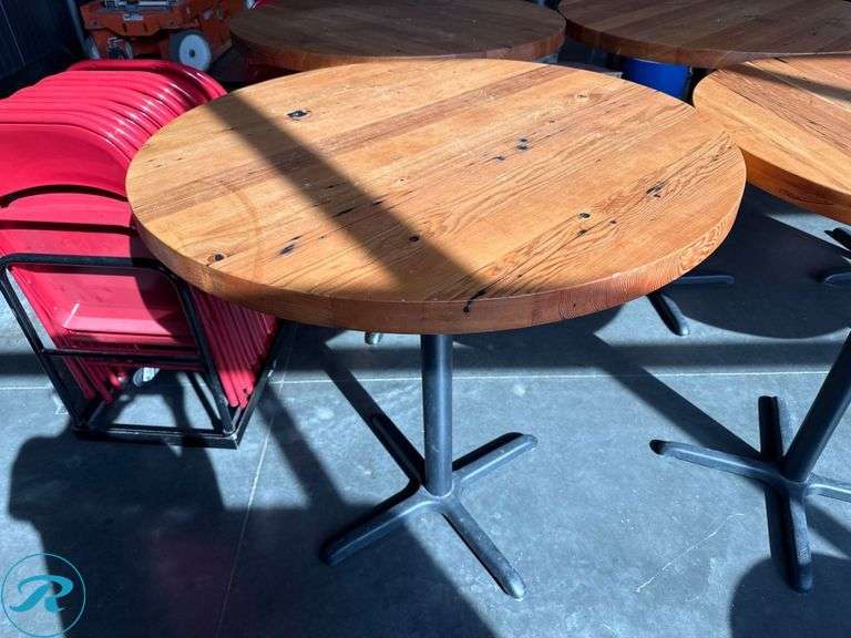 (3) Round Wood Bar Height Tables with Metal Bases, 42in - Roller Auctions
