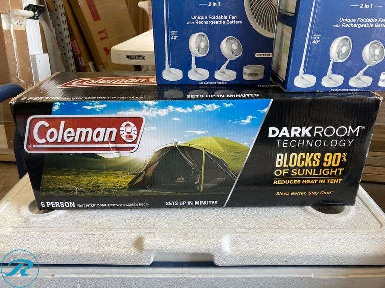(6) Former Airbnb - (1) Coleman tent 6-darken room with screen (2) rechargeable fan (2-n-1 Flor fan and table fan stands ups to 40" (3) Cooler for camping - Roller Auctions