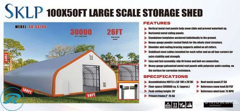 New SKLP SK-SS100 Storage Shed, 100' x 50' x 26'