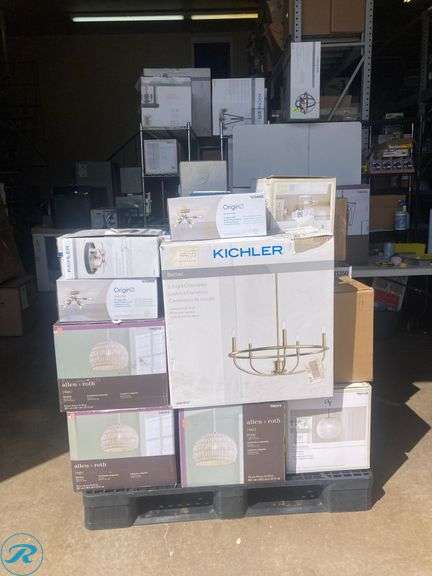(35) -New - Assorted Pallet of different designer lamps, chandeliers and flush mount (Retail of $3957) See Photos for item list) - Roller Auctions