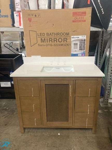 (3) New- out of box- (1) Altair Hadiya 42-in Brown Pine Undermount Single Sink Bathroom Vanity with Aosta White Engineered Marble Top (1) Bestview 43-in x 22-in Carrara White Quartz Undermount Single Sink Widespread Faucet Mount Bathroom Vanity Top (1) WELLFOR EX 24-in x 32-in Polished Frameless Rectangle Dimmable Lighted Fog Free Bathroom Vanity Mirror ( Silver ) (3 items total) See photos - Roller Auctions