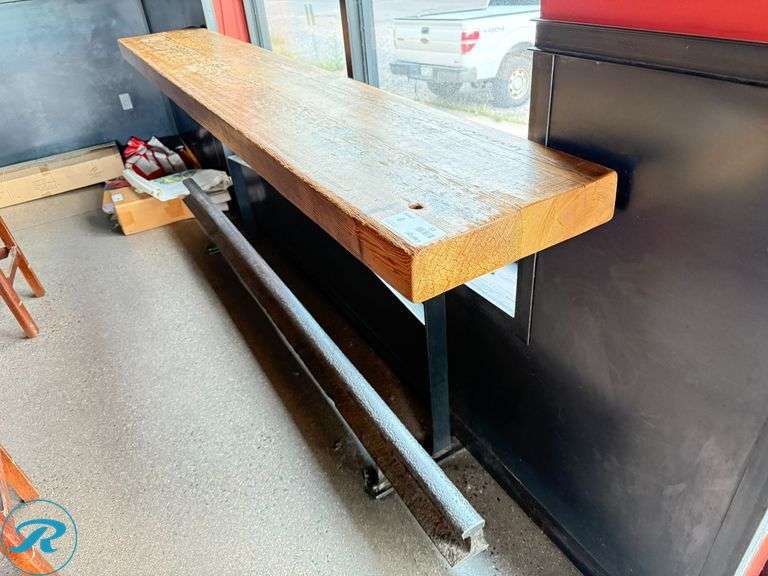 Wood Bar Height Table with Steel Rail Road I-Beam Base, 16” x 108” x 3.5” Thick