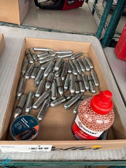 Tray of CO2 Cartridges, Crosman Copperhead BBs, and H&N Sport Pellets