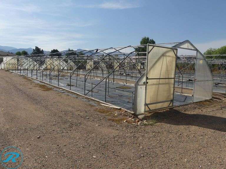 (4) Tunnel Hoop House Frames, 95′ x 17′, With Front and Rear Doors, 60″ x 76″ (2-Complete With Modine Heaters and New Fans and Louvers) - Roller Auctions