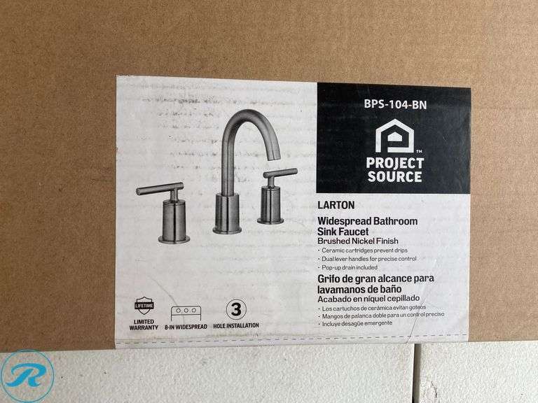 (1) New- Project Source Larton Brushed Nickel Widespread 2-handle WaterSense High-arc Residential Handle Bathroom Sink Faucet with Drain (Total of 1) - Roller Auctions