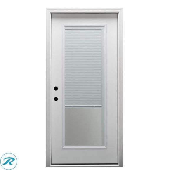 (1)Pella 32-in x 80-in x 4-9/16-in Fiberglass Full lite Right-hand inswing Primed Prehung Front Door with Brickmould Insulating core with Blinds - Roller Auctions