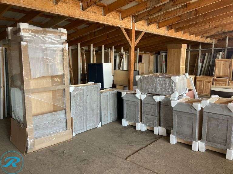 (9) Kitchen Cabinet Set Rustic Weathered Gray (1) 18" x 35" x 24" d with drawer (2) 18" x 32" x 22" d drawer and door (1) 15" x 32" x 21" d 3 drawer (1) 12" x 32" x 21" Drawer /door cabinet Wall cabinets (1) 24" x 33" x 12" 2 door (1) 33" x 42" 12" 2 door (1) 36" x 15" 24" 2 door (1) 33" x 87" x 24" appliance cabinet (total of 9)