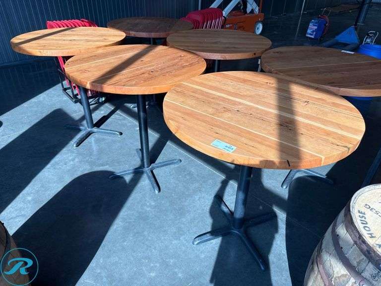 (3) Round Wood Bar Height Tables with Metal Bases, 42in - Roller Auctions