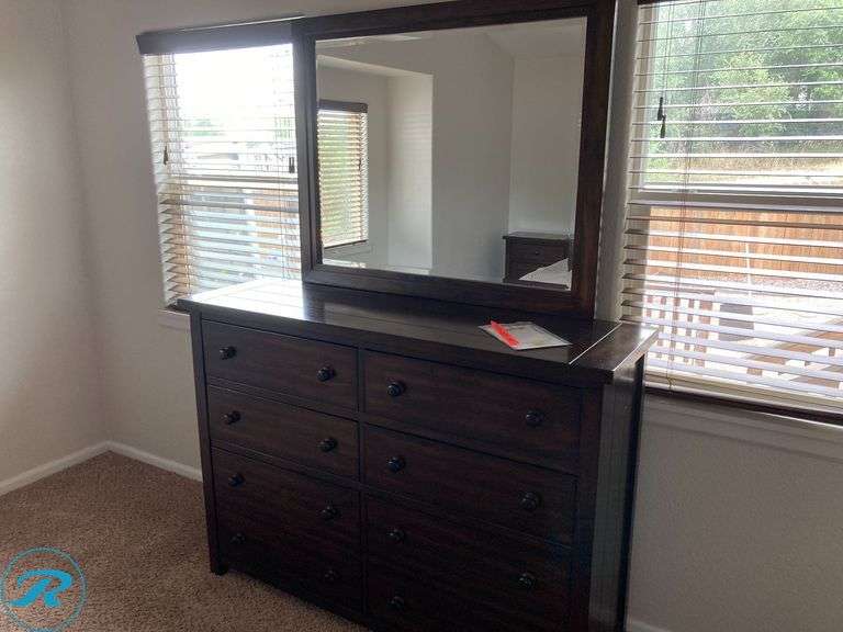 (5) King Bedroom Set:  (1) King size bed frame headboard and footboard (2) Night Stands (1) Dresser vanity with Mirror (1) table lamp) - Roller Auctions