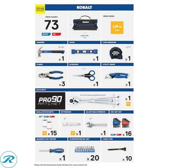 (1) New- Kobalt 73 -Piece Chrome Household Tool Set with Soft Case (Total of 1 Set with Case) - Roller Auctions