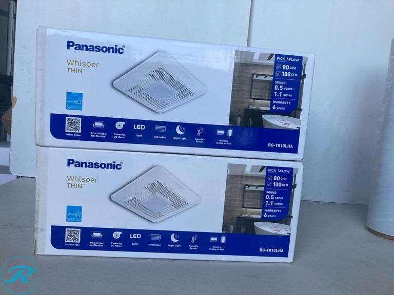 (2) New- Panasonic WhisperThin DC Motor w/ Humidity Sensor 0.5-Sone 80-CFM White Lighted Bathroom Fan with Humidity Sensor (ENERGY STAR Certified) - Roller Auctions