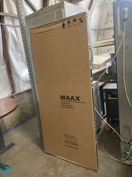 (1) New- MAAX Oxford Chrome 28-in to 32-in W x 64.5-in H Framed Pivot Shower door 5/32-in Thick Rain Glass (total of 1) - Roller Auctions