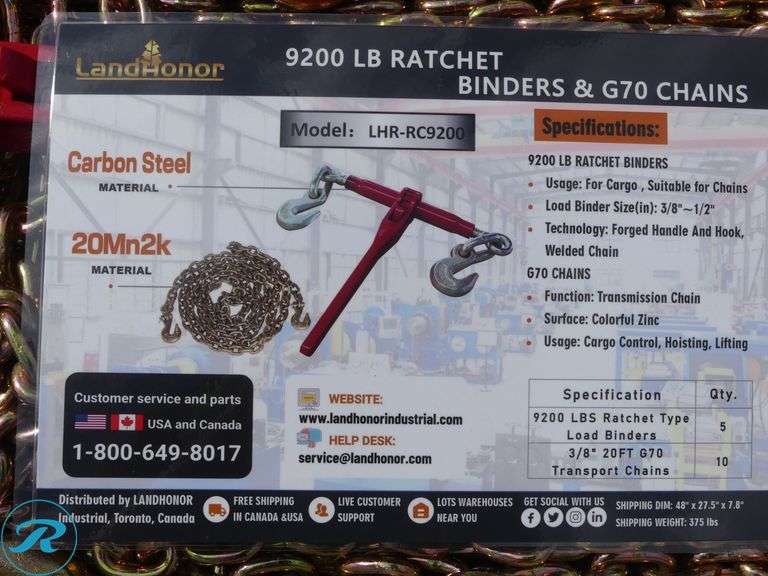New Land Honor LHR-RC9200 Ratchet Binder And Chain Set Consisting Of: (5) 9200 lb. Ratchet Binders, (10) 3/8" X 20' G70 Transport Chains - Roller Auctions