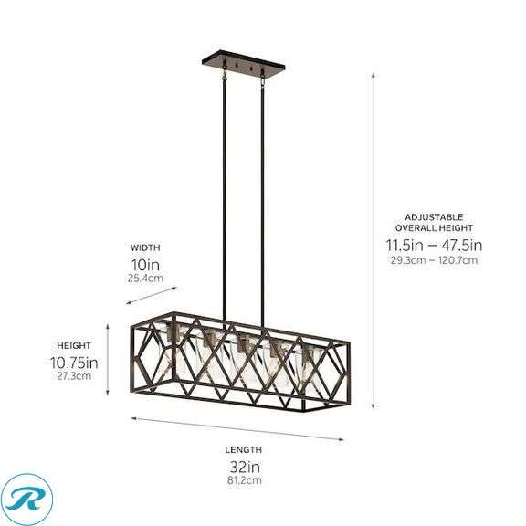 (2) New- (1) Kichler Solander 5 -Light Olde Bronze Modern/contemporary Clear glass Linear Large Hanging Kitchen island light (1) Boston Loft Furnishings 9 Candle Elear Metal Candelabra Candle Holder (total of 2 items) - Roller Auctions