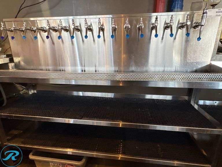 16-Tap Stainless Steel Beer Dispensing Station With Shelving, 140in - Roller Auctions