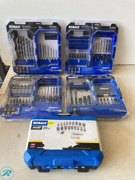 (5) New- (2) Kobalt XTR Impact Screw Driver Bit Set 40 pc (1) Kobalt 14-pc X black and White gold coated HSS Jabber length Twist Drill bit Set (1) Kobalt Impact Driver bit set 50pcs (1) Kobalt 20pcs standard and metric mechanics tool set with hard care (total of 5 items) - Roller Auctions