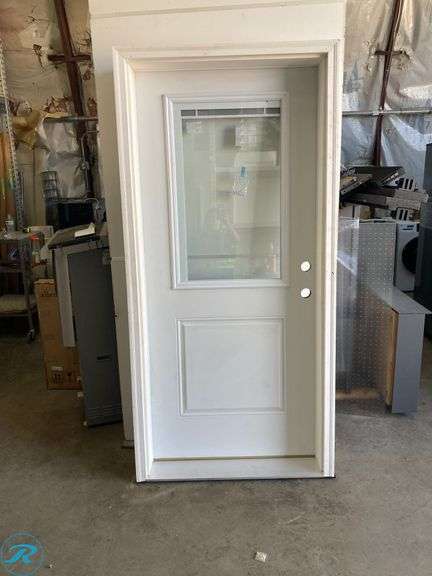 (1) New- RELIABILT 36-in x 80-in x 6-9/16-in Steel Half lite Left-hand inswing Primed Prehung Front Door with Brickmould Insulating core with Blinds (total of 1) - Roller Auctions