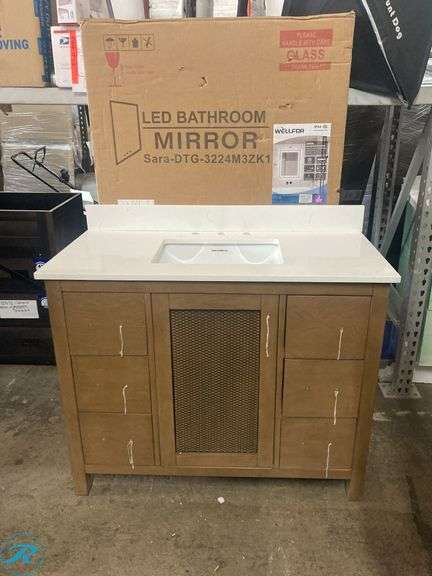 (3) New- out of box- (1) Altair Hadiya 42-in Brown Pine Undermount Single Sink Bathroom Vanity with Aosta White Engineered Marble Top (1) Bestview 43-in x 22-in Carrara White Quartz Undermount Single Sink Widespread Faucet Mount Bathroom Vanity Top (1) WELLFOR EX 24-in x 32-in Polished Frameless Rectangle Dimmable Lighted Fog Free Bathroom Vanity Mirror ( Silver ) (3 items total) See photos - Roller Auctions