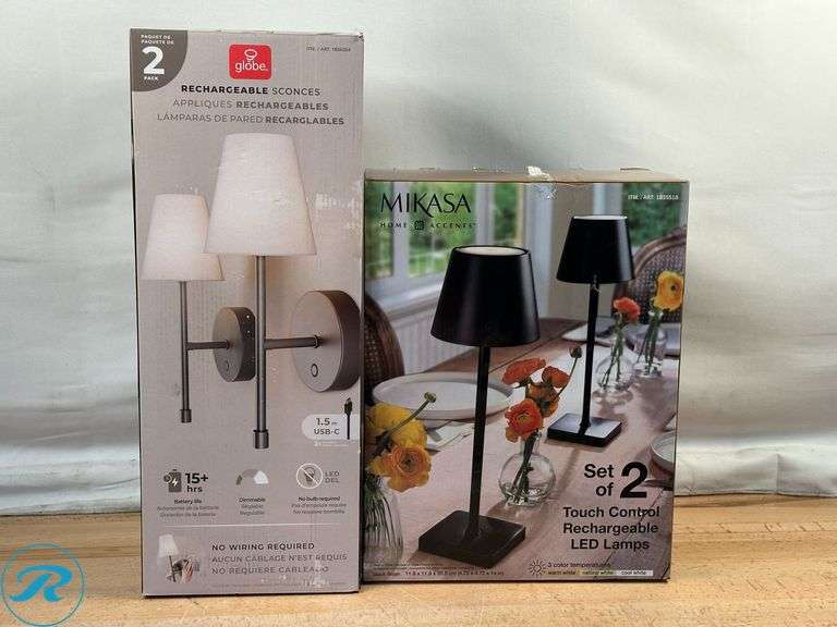 Globe Electric: Wireless Rechargeable LED Integrated Wall Sconce 2-pack- New; Mikasa Rechargeable 14-inch LED Lamps with Touch Control, Set of 2- New