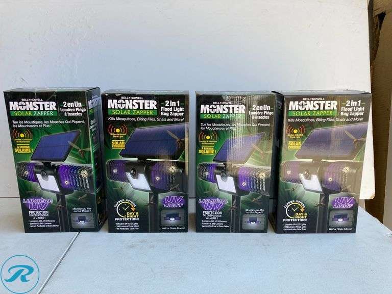 (4) New- BELL + HOWELL 110 -Degree 3 -Wattage Equivalent Solar LED Black 1 -Head Motion-Activated Flood Light with Timer (total of 4) - Roller Auctions