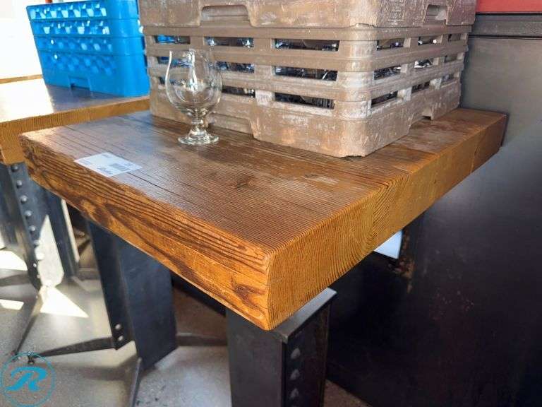 Custom Built Wood Bar Height Table with Metal Base, 30″ x 24″ x 3.5″ Thick - Roller Auctions