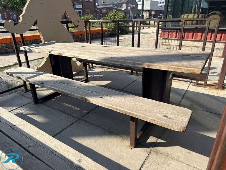 Wood and Metal Outdoor Picnic Table, 28.5” x 95” - Roller Auctions