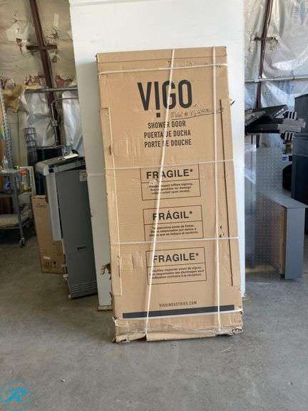 (1) New- VIGO Elan Matte Brushed Gold 56-in to 60-in W x 74-in H Frameless Clear Glass Sliding Shower door (total of 1) - Roller Auctions