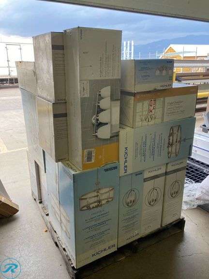 (18) New- Pallet of assorted lights, including chadeleier, pendants and vanity lights (see list in pict ) - Roller Auctions