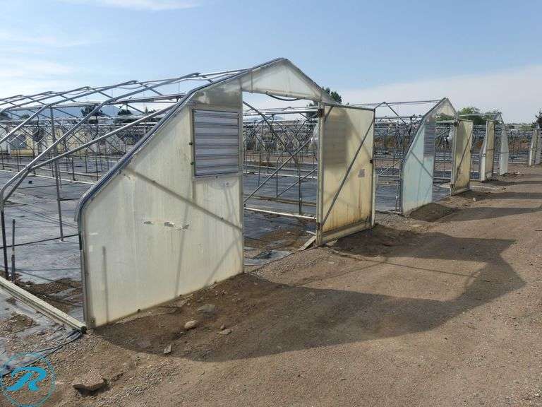 (4) Tunnel Hoop House Frames, 95′ x 17′, With Front and Rear Doors, 60″ x 76″ (2-Complete With Modine Heaters and New Fans and Louvers) - Roller Auctions