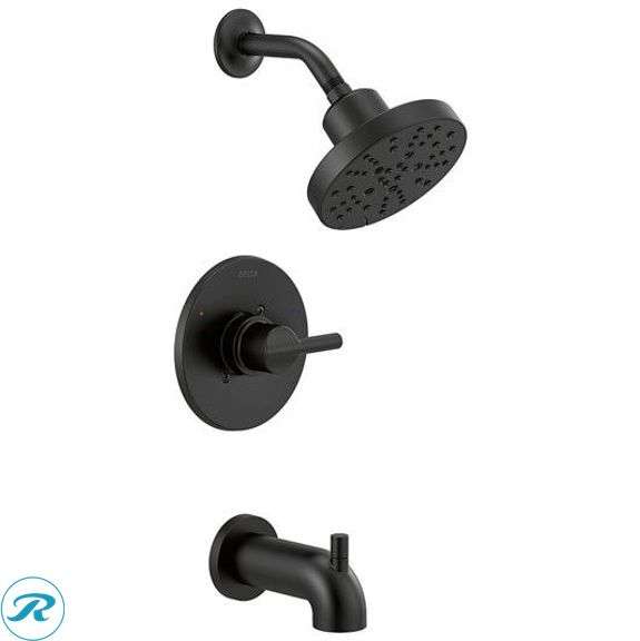 (1) New- Delta Nicoli Matte Black 1-handle Multi-function 6-in Round Bathtub and shower Faucet with Valve (total of 1)