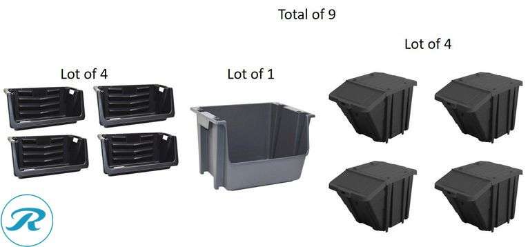 (9) New- (4) Project Source Project Source Medium 16 -Gallons ( 64 -Quarts ) Black/Black Heavy Duty Stackable Tote with Hinged Lid (4) Project Source ( 16.21-in W x 14.49-in H x 31.3-in D ) Black Plastic Stackable Bin (1) Project Source ( 16-in W x 12-in H x 19-in D ) Gray Plastic Stackable Bin - Roller Auctions