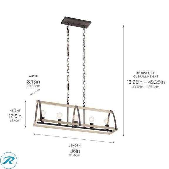 (2) New- Kichler Gartin 5 -Light Weathered Zinc with White Washed Wood Transitional Linear Large Hanging Kitchen island light - Roller Auctions