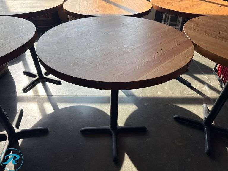 (3) Round Wood Bar Height Tables with Metal Bases, 42in - Roller Auctions