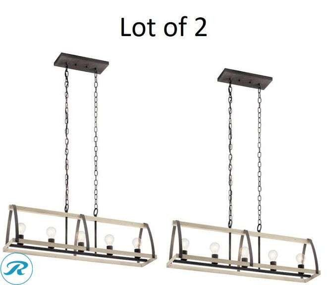 (2) New- Kichler Gartin 5 -Light Weathered Zinc with White Washed Wood Transitional Linear Large Hanging Kitchen island light - Roller Auctions