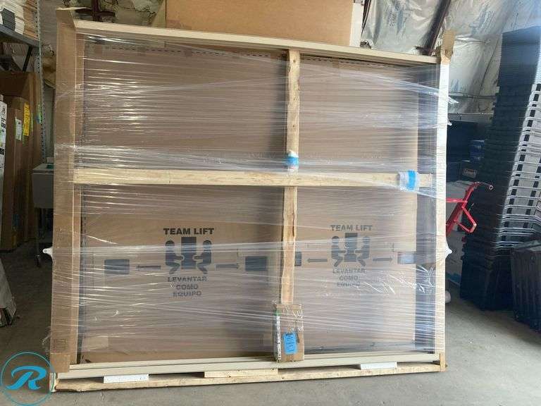 (1) New- Pella 150 Series West 96-in x 80-in x 4-9/16-in Jamb Almond Vinyl Universal Sliding Patio Door with Low-E argon Glass (total of 1)Unassembled total of 5 boxes) - Roller Auctions