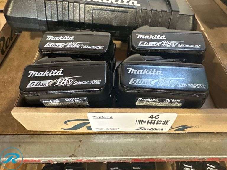 Makita DC18RD Dual Port Charger with (4) BL1850B 18V 5.0Ah Batteries - Roller Auctions
