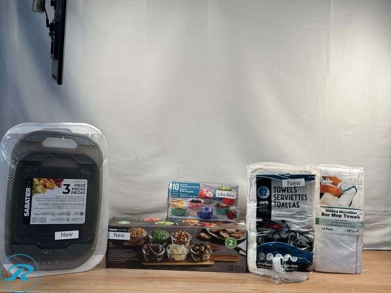 (70) Assorted Towels- New; Sabatier: 3 pc Non-Slip Cutting Board Set- New; (16) Assorted Serving Bowls & (2) Serving Boards- Like New