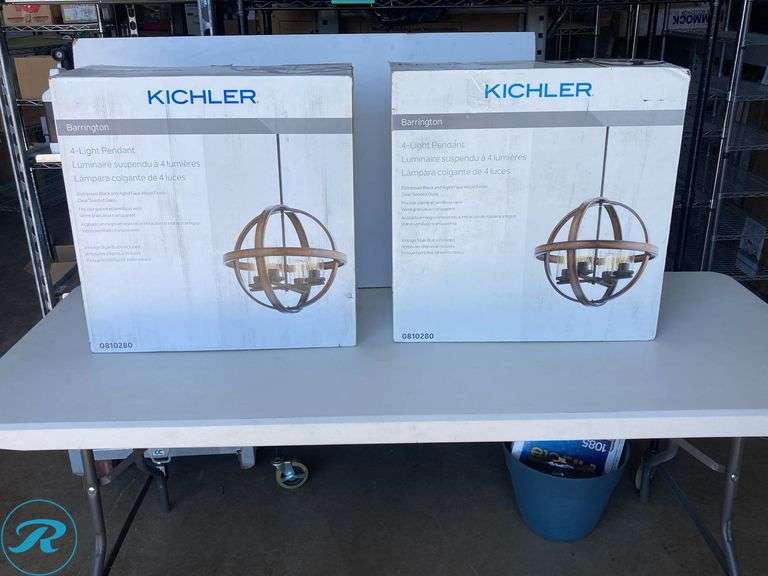 (1) New- Kichler Barrington 4 -Light Distressed Black and Wood Tone Rustic Seeded glass Globe Medium Hanging Pendant light - Roller Auctions
