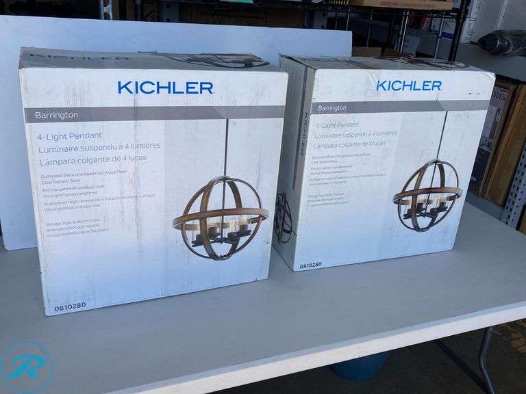(1) New- Kichler Barrington 4 -Light Distressed Black and Wood Tone Rustic Seeded glass Globe Medium Hanging Pendant light - Roller Auctions