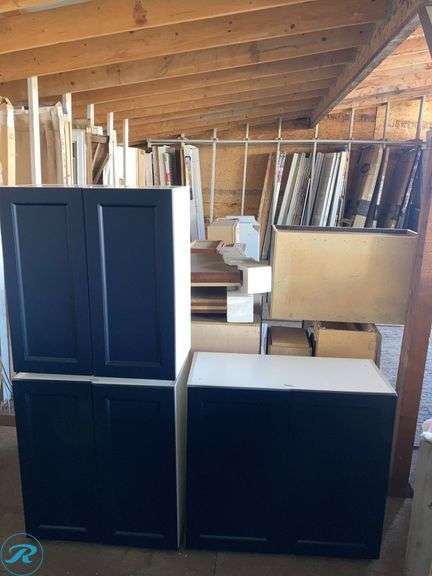 (3) Cabinets (1) Hugo&Borg Lorette 33-in W x 34.5-in H x 14-in D Navy Blue Base Fully assembled Cabinet (Recessed Panel Shaker) (2) Hugo&Borg Lorette 27-in W x 34.5-in H x 14-in D Navy Blue Base Fully assembled Cabinet (Recessed Panel Shaker) - Roller Auctions