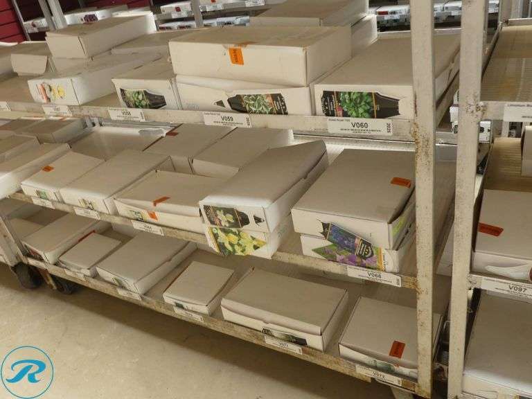 (3) Towable 6-Tier Nursery Carts With Assorted Plant Tag Inventory, 56″ x 21″ x 67″ - Roller Auctions